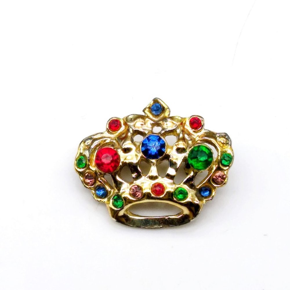Colorful Crown Brooch, Vintage Gold Tone and Multi Color Crystals Lapel Pin